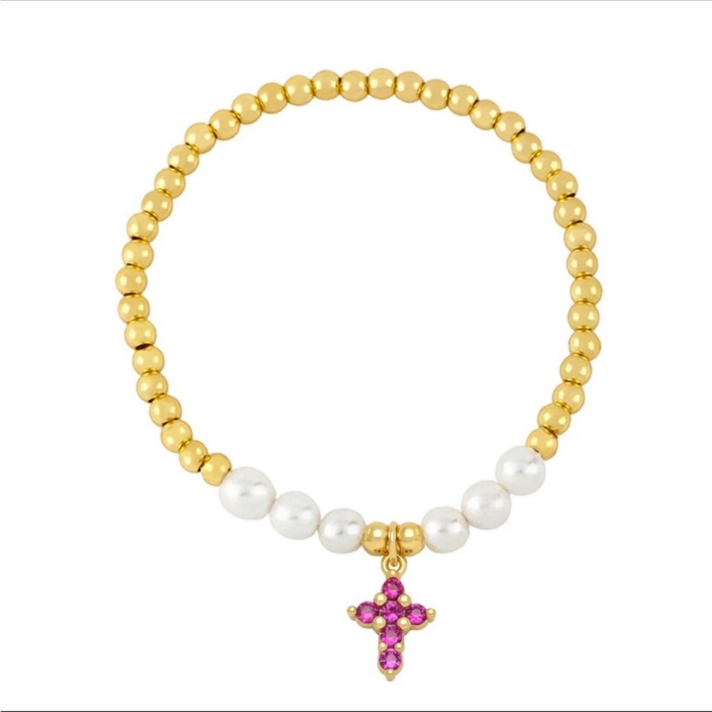 White Pearl Beads Cross Bracelets for Women Girls Copper Gold Plated Elastic